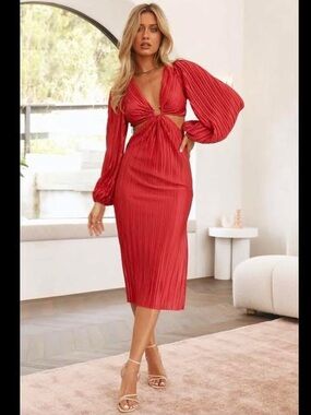Hello Molly Red Pleated Cutout Midi Dress